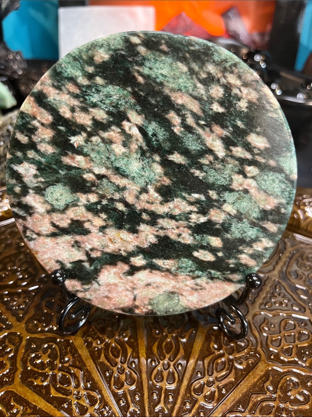 Green mica with pink feldspar round slab with stand